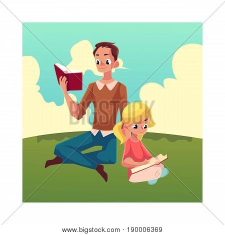 Young man and little girl reading books sitting legs crossed on the grass, cartoon vector illustration isolated on white background. Man and girl, father and daugther reading thick books, sitting