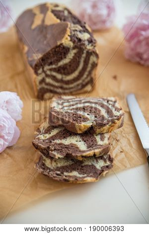 Home made Zebra marble cake on a table