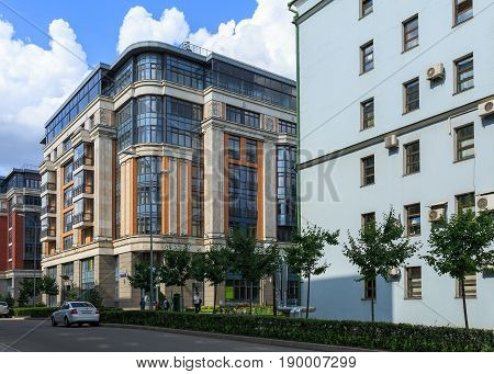 MOSCOW/ RUSSIA - JULY 16, 2015. View of the residential building of the new luxury residential complex Four suns in the center of Moscow, Russia.