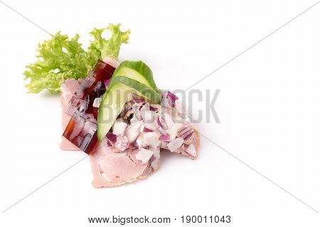 Danish specialties and national dishes high-quality open sandwich. Sandwich with pork roll sausage rullepoelse jelly and raw red onions isolated on white background
