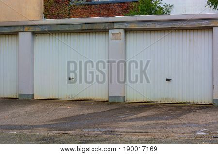 Car rows garages. Car garage with closed gates.