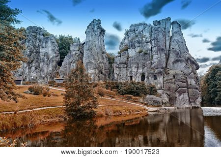 The Externsteine striking sandstone rock formation in the Teutoburg Forest Germany North Rhine Westphalia