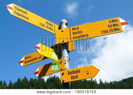 Engelberg, Switzerland - 12 August 2015: Walkway indication of trail trekking at Engelberg on the Swiss alps