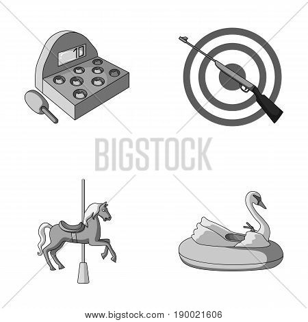 A game with a bat, a target with a gun, a horse on a carousel, a swan attraction. Amusement park set collection icons in monochrome style vector symbol stock illustration .
