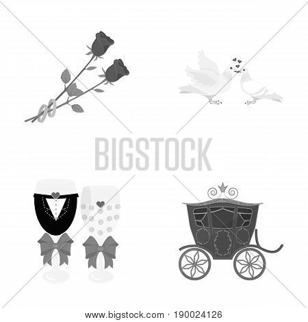 Two red roses with rings, pigeons kissing with hearts, wedding glasses with bows and champagne, a carriage for a festive ceremony. Wedding set collection icons in monochrome style vector symbol stock illustration .