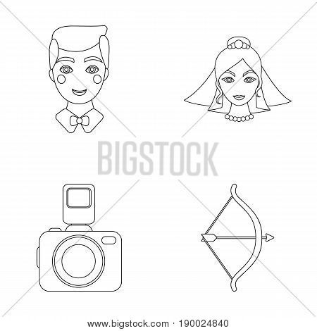 Groom, bride, photographing, arrow of the cupid. Wedding set collection icons in outline style vector symbol stock illustration .