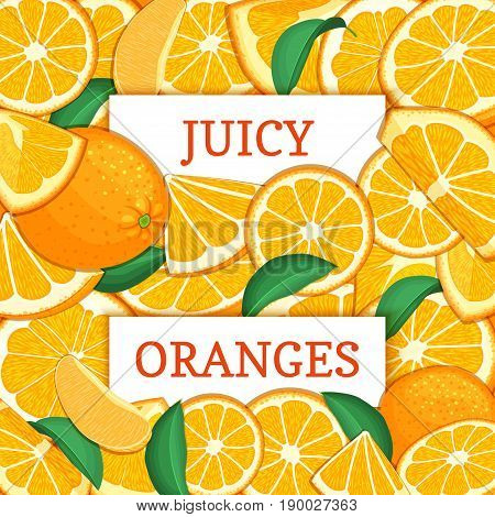 Two white rectangle label on orange fruit background. Vector card illustration. Tropical citrus and juicy oranges fruits whole and slice for design of food packaging juice breakfast detox diet, jam