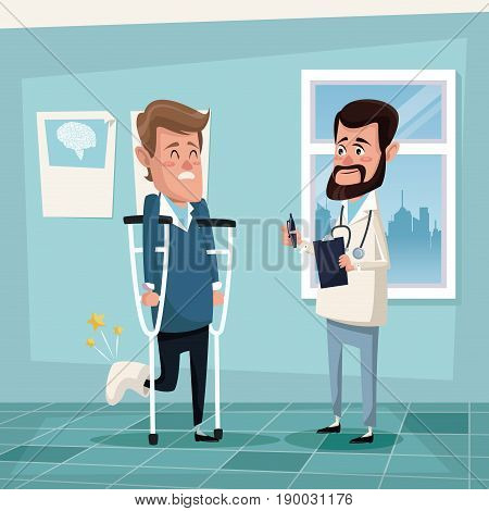 color background hospital room with man in crutches and male therapist vector illustration