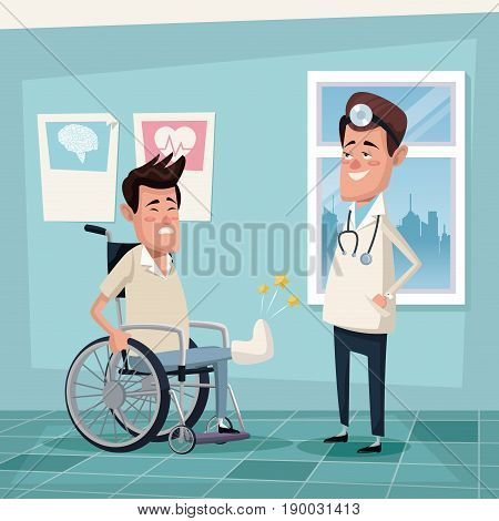 color background hospital room with young man in wheelchair and specialist male doctor vector illustration