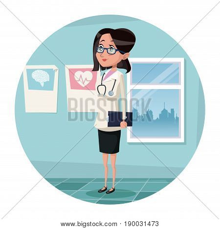 circular frame with color scene hospital room with woman specialist doctor vector illustration