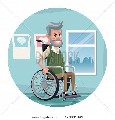 circular frame with color scene hospital room with elderly man in wheelchair vector illustration