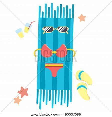 Vector illustration of summer scene: swimsuit and sunglasses on towel on beach.