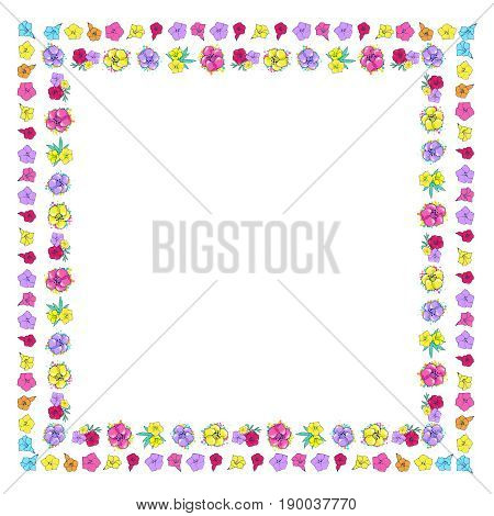 Floral frame with colorful exotic flowers. Nature square hand drawn border on white background. Vector decoration. Good for greeting cards.