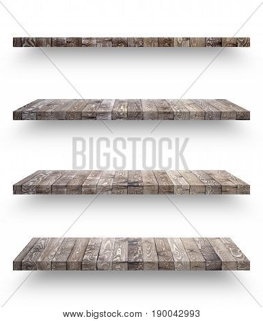 Empty wooden shef isolated on the wall on white background with clipping path