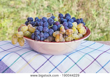Bunches of ripe grapes in a bowl