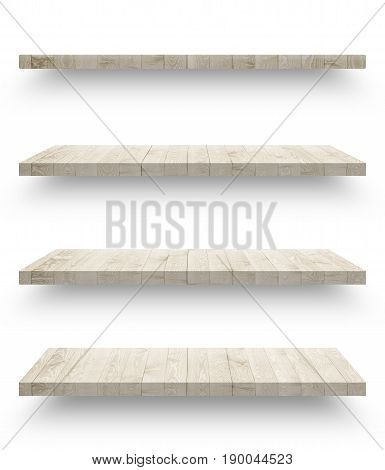 Empty wooden shef isolated on the wall on white background with clipping path