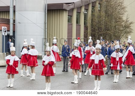 VERDAL NORWAY - MAY 17 2017: National day in Norway. Norwegians at traditional celebration and parade on may 17 2017 in Verdal. People on parde before school in Verdal. Constitution Day is the National Day of Norway and is an official national holiday.
