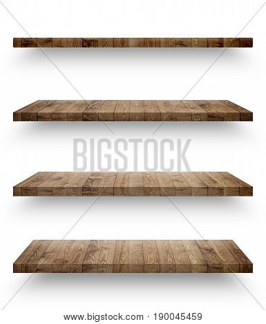 Empty wooden shef isolated on the wall on white background with clipping path
