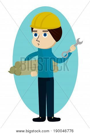 Construction worker, engineer or architect holding projects and wrench cartoon character, vector illustration