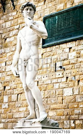 Michelangelo's David statue located in Piazza della Signoria in Florence, Italy.