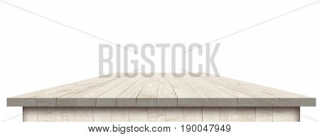 Empty wooden table with clipping mask for product placement or montage on white background. Wooden board empty table perspective.