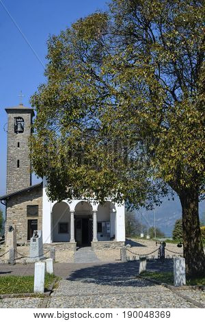 Church of Madonna del Ghisallo at top of the famous Ghisallo pass (Como Lombardy Italy). The Madonna del Ghisallo is the protector of the cyclists