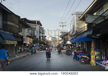 Traffic Road And People Walk On Street At Classic Old Town Near Mae Klong Railway Station And Talat