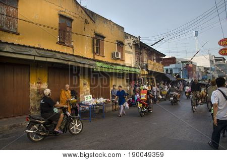 Traffic Road And People Walk On Street At Classic Old Town Near Mae Klong Railway Station And Talat