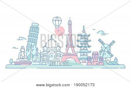 Countries - modern vector line travel illustration. Discover India, Japan, France, Italy, Netherlands. World famous landmarks - Eiffel tower, tower of Pisa, buddha monument, torii, Taj mahal