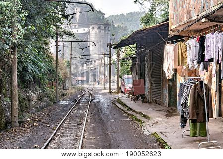 Electric narrow-gauge railway from Shixi to Bagou. Jiayang Mining Region. Sichuan province. China.
