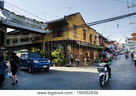 Traffic Road And People Walk On Street At Classic Old Town Near Mae Klong Railway Station And Talat