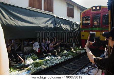 Travelers People Visit And Looking Mae Klong Railway Market Or Talat Rom Hup Meaning The Umbrella Pu
