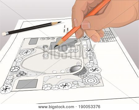 Hand landscape designer black and white drawing. Work on a small garden project.