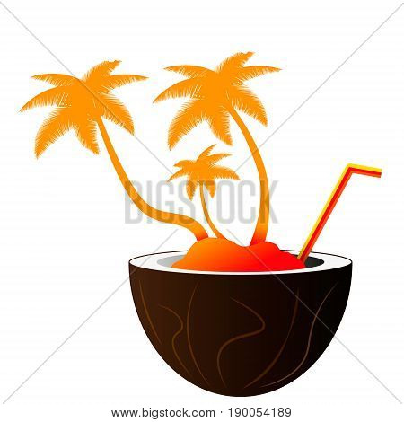 A cocktail in coconut with an island.