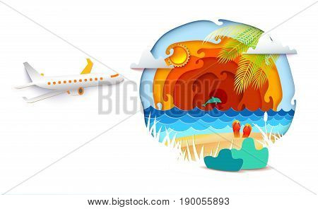Paper art and craft style. Sun, sea, palm leaves and airplane is flying on the sky. Vector Paper cut illustration. Tropic landscape for travel, vacation, adventure banners.