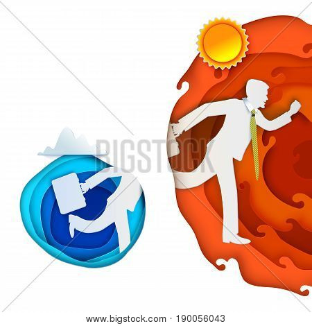Man run away from blue paper cut circle and going in to hot orange layers. Paper art carving banner with sun, cloud, paper layers. Vector illustration. Paper cut concept for business or summer design