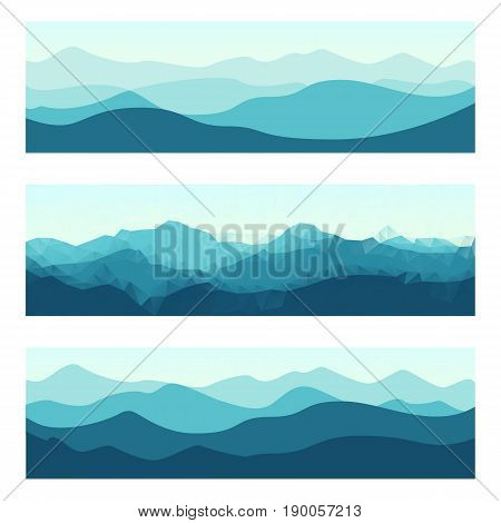 Outdoor banners with mountain ridges. Horizontal nature backgrounds. Vector illustration for hiking and travelling.