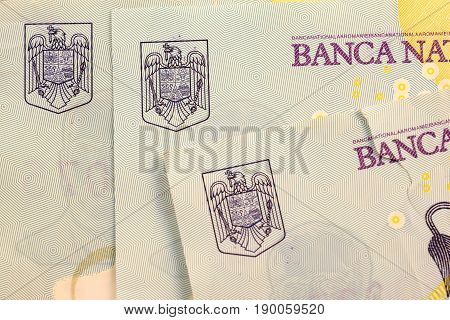 Close up Romanian currency note, LEI or LEU, Romania