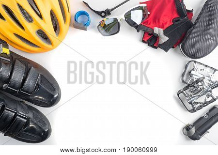 Bike and cycling sport accessories border and frame copy space white background