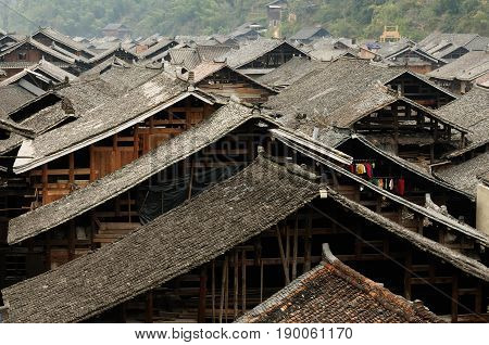 China Zhaoxing - gorgeous Dong village is packed whit traditional wooden structures several wind-and-rain bridges and remarkable drum towers Guizhou province
