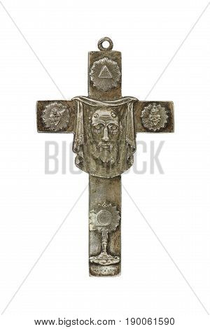 Old silver cross with a Christogram by Ludovic Penin 19th century against white background