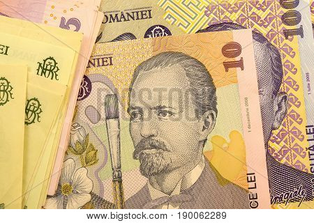 Close up Romanian currency note, LEI or LEU, Romania
