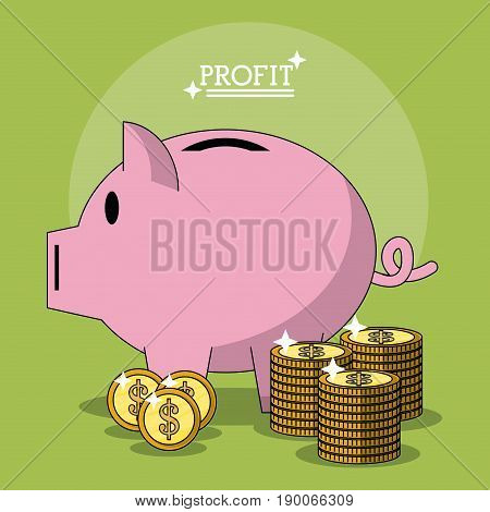 colorful poster with profit money box shape of pig and coins stacked vector illustration