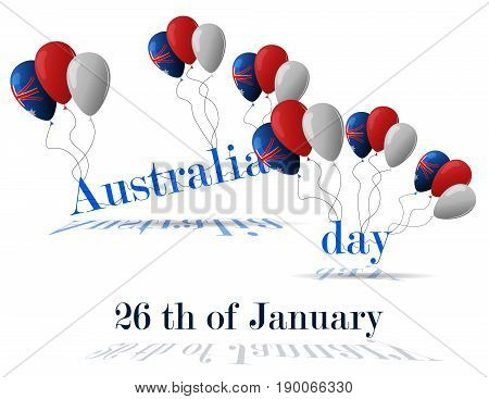 26 January. Australia Day Greeting Card. Celebration Background With Flying Balloons And Waving Flag