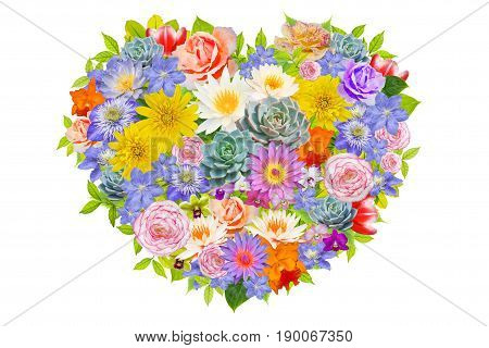 blossom flowers bouquet in heart shape on white background