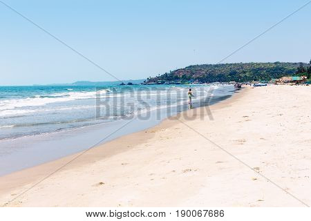 Sea View And Tropical Sandy Beach With Sunny Sky. Goa, India.