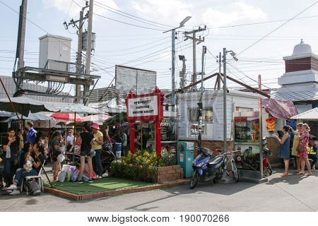 BANGKOK, THAILAND - JUNE 3, 2017 : parking lot and skyline next to Chatuchak Market.