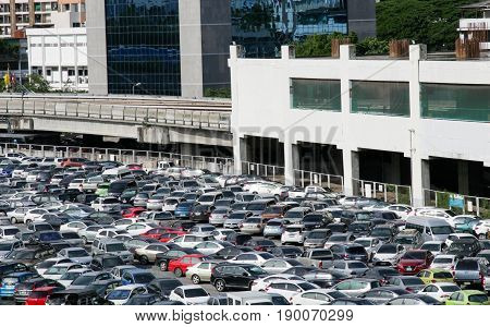 BANGKOK, THAILAND - JUNE 3, 2017 : parking lot and skyline next to Chatuchak Market.