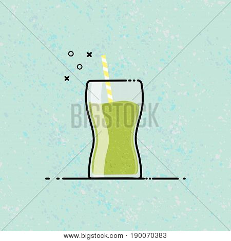 Smoothie MBE Style Icon Design. Vector Illustration Line Art. Natural Detox Green Drink for Summer on Blue Textured Background.