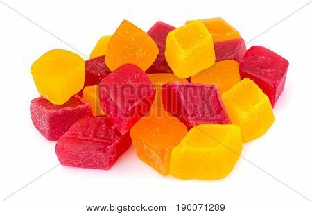 Multicolored fruit marmalade on white background. Studio Photo